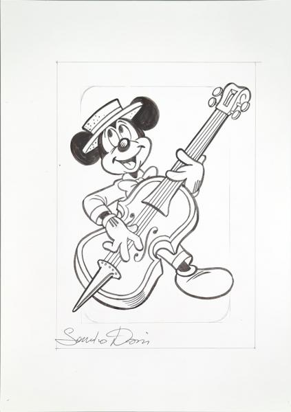 Disney-Original, Micky Maus als Cello Spieler, Tuschezeichnung von Sandro Dossi