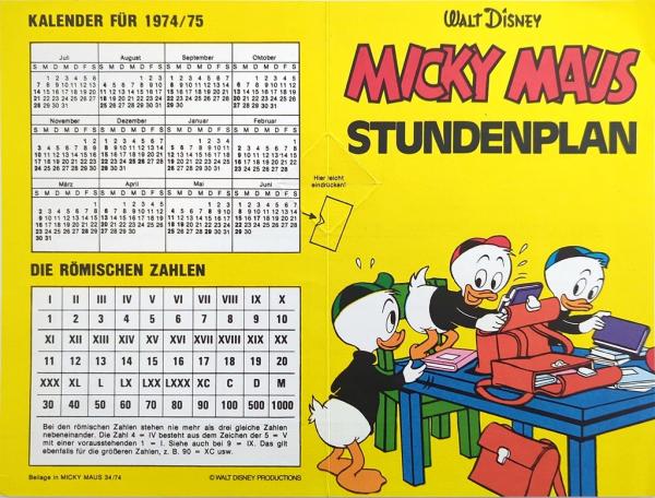 Micky Maus Beilage aus Heft 34 / 1974 - Stundenplan